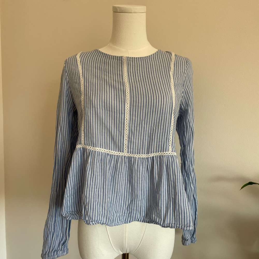 SOLD Copper Key Blue White Striped Tie Lace Peplum Long Sleeve 100% Cotton